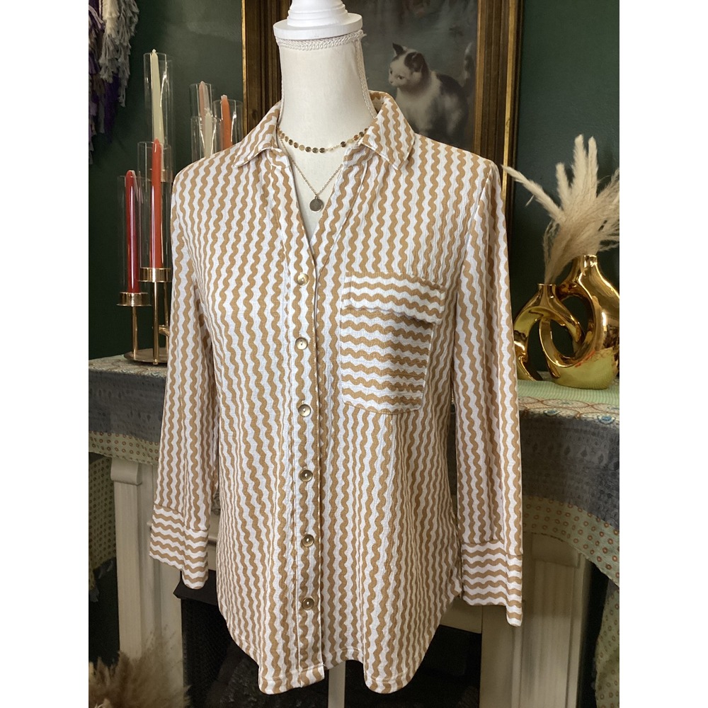 Fred David Tan White Wavy Chevron Button Down Shirt 3/4 Sleeve CS14593DRM Small
